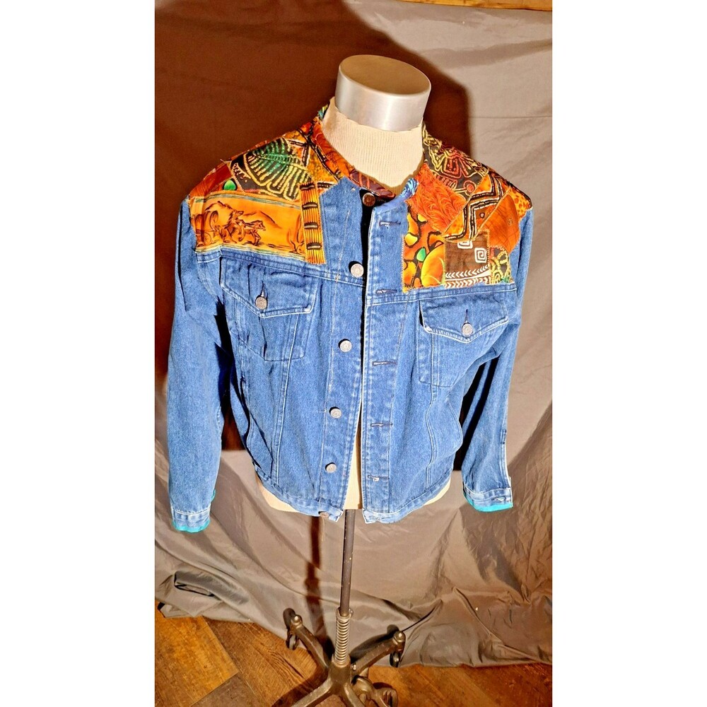 Vintage Express Denim Jean‎ Jacket Med Blue Button Up Coat Colorful  Womens